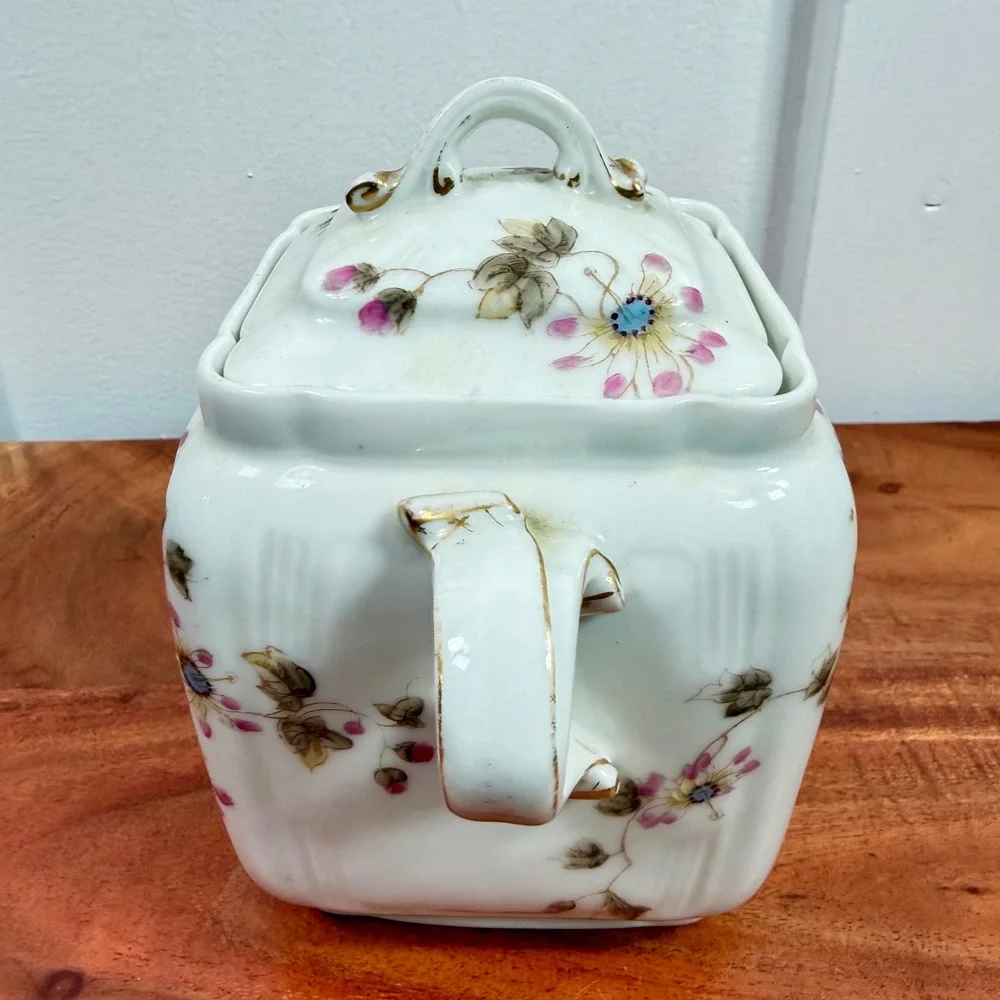 Antique CFH GDM Limoges France Covered Sugar‎ Bowl Lidded Jar Floral Gold 1880s